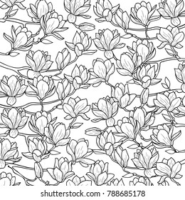 Magnolia outline spring pattern. Floral composition for romantic backgrounds, wallpaper, covers and coloring pages.