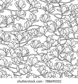 Magnolia outline spring seamless pattern. Floral composition for romantic backgrounds, wallpaper, covers, coloring pages.