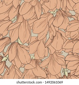 Magnolia pattern, line floral ornament. Seamless background. Hand drawn illustration in vintage style, pastel blue