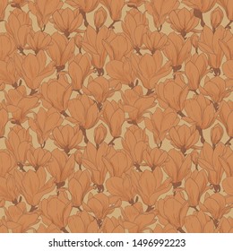 Magnolia pattern, line floral ornament. Seamless background. Hand drawn illustration in vintage style, pastel coral