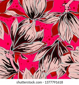 Magnolia pink flowers floral seamless pattern. Summer background with delicate buds. Flower pattern for textiles.