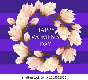 Magnolia realistic flowers, beautiful card for spring holiday Women's day.