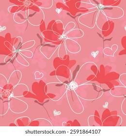 Magnolia, red tulip on transparent background. Seamless pattern. Floral graphic design. Vector art illustration for textile, wallpaper. Doodle. Hand drawn.