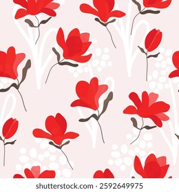 Magnolia, red tulip on transparent background. Seamless pattern. Floral graphic design. Vector art illustration for textile, wallpaper. Doodle. Hand drawn.