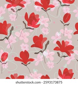 Magnolia, red tulip on transparent background. Seamless pattern. Floral graphic design. Vector art illustration for textile, wallpaper. Doodle. Hand drawn.
