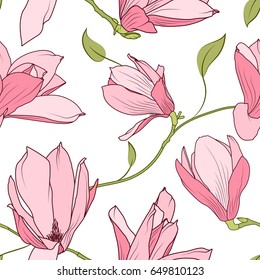 Magnolia sakura spring tree branch seamless pattern. Pink flowers, buds and green leaves on white background. Japanese traditional style. Vector design illustration.