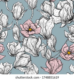 magnolia seamless pattern, hand drawn vector