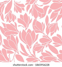 Magnolia seamless pattern for printing on fabric, paper, wallpaper. Delicate minimalistic pink print. Spring flowers, background for cards for March 8, blossoming branches of magnolia. Vector