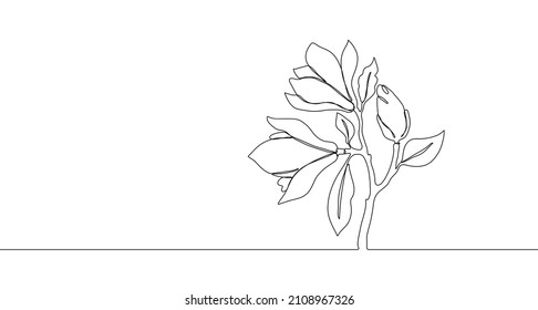 Magnolia silhouette. Single line. One single line. Vector illustration. Doodle floral border. Black and white contour drawing. Wedding design