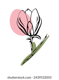 Magnolia in sketch style with abstract color shapes, hand-drawn isolated on white background. Floral sketch for print designs, signage, flower shops, logos in black and white.
