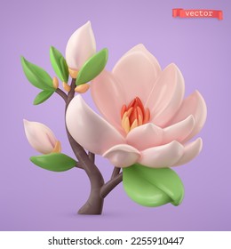 Magnolia, spring flower. 3d cartoon vector icon