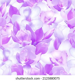 Magnolia spring flower blossom vector seamless pattern illustration. Pink blooming tree design elements. Bloom flower set, vector magnolia tree blossom. Purple petals, violet buds seamless pattern.