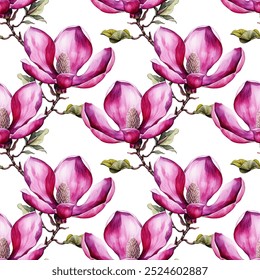 Magnolia spring flower blossom vector seamless pattern. Bloom flower on white, vector magnolia tree blossom elements - pink petal, bud, green leaf.