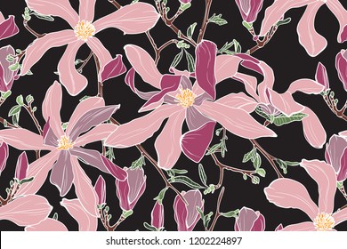 Magnolia. Flores de primavera. Fondo vectorial transparente. Ilustración vintage. Árbol en flor. Fondo negro.