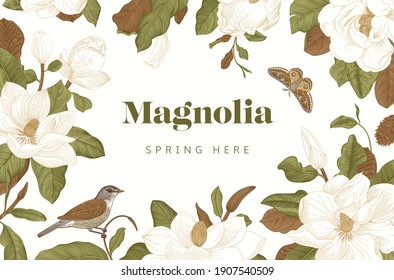 Magnolia. Spring here. Vector vintage botanical illustration. Horizontal card. Green and brown