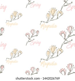 Magnolia spring seamless pattern with flowers and inscriptions. Hand drawing watercolor pattern. Vector line art illustration.