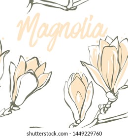 Magnolia spring seamless pattern with flowers and inscriptions. Hand drawing watercolor pattern. Vector line art illustration.
