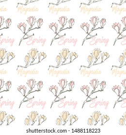 Magnolia spring seamless pattern with flowers and inscriptions. Hand drawing watercolor pattern. Vector line art illustration.