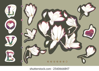 Magnolia sticker set featuring hand-drawn white flowers outlined with gold and pink accents. Includes floral elements, stylized "LOVE" typography, and decorative icons on a green-beige background.