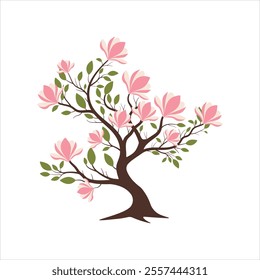 A magnolia tree adorned with large, blooming pink flowers and delicate green leaves. magnolia vector art, tree with flowers, spring inspired artwork, magnolia blossom vector, botanical flower tree