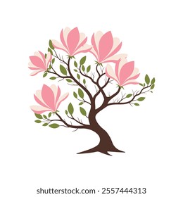 A magnolia tree adorned with large, blooming pink flowers and delicate green leaves. magnolia vector art, tree with flowers, spring inspired artwork, magnolia blossom vector, botanical flower tree