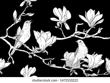 Magnolia tree branch with flowers and nightingale Seamless pattern, background. Black and white graphics. Vector illustration.	