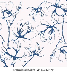 Magnolienbaumzweig Frühlingsblumen, abstrakte Blumenskizze, handgezeichneter Texturstift, botanische Illustration