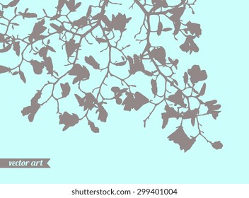 Magnolia tree isolated on sky. Leaves, branches. Vintage retro style. Blue turquoise aquamarine beige brown Web and mobile interface website template Bohemian antique