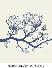 Magnolia tree on beige background. Graphic vector illustration. Hand drawn artwork. Love concept for wedding invitations, cards, congratulations, branding. Website template. Web and mobile interface