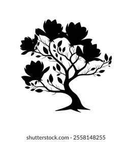 Magnolia Tree Silhouette with Flowers | Detailed Branches and Blossoms. Whether you need a Floral Vector Silhouette or a Tree with Flowers Vector, our designs provide a sophisticated touch.