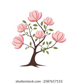 A magnolia tree vector with large, blooming pink flowers and delicate green leaves. magnolia vector art, tree with flowers, spring inspired artwork, magnolia blossom vector, botanical flower tree