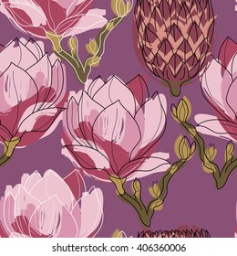 Magnolia tree vector seamless pattern. botanical illustration.