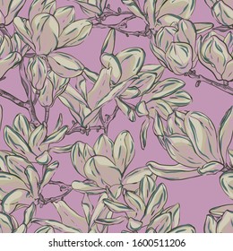 Magnolia. Vector hand-drawn image of spring flowers.
Seamless pattern.