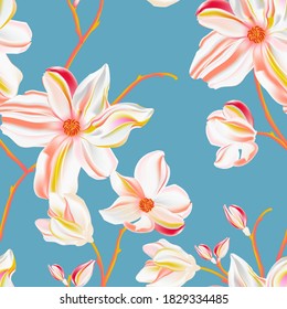 Magnolia vector seamless pattern. Repetition floral print, plant design. Perfect for wrapping paper, backgrounds, headers, banners, cloth , fabrics, digital paper 