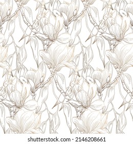 Magnolia - vintage style seamless pattern. Vector illustration, ink engraving suitable for printing on fabric and packaging