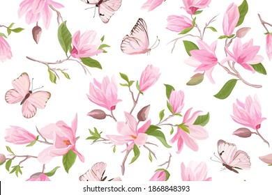 Magnolia watercolor floral seamless vector pattern. Butterflies, summer magnolia flowers, leaves, blossom background. Spring wedding japanese wallpaper, for fabric, prints, invitation, backdrop, cover