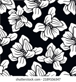 Flores blancas de Magnolia con un patrón impecable sobre un fondo negro. Ilustración vectorial dibujada a mano para papel de fondo, textil, envolvente.