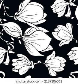 Magnolia white flowers seamless pattern on a black background. Hand drawn vector illustration for background, textile, wrapping paper.