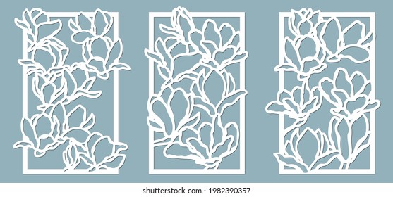 Magnolias flowers pattern. Set, panel for registration of the decorative surfaces. Vector illustration of a laser cutting. Plotter cutting and screen printing
