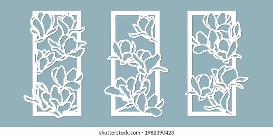 Magnolias flowers pattern. Set, panel for registration of the decorative surfaces. Vector illustration of a laser cutting. Plotter cutting and screen printing