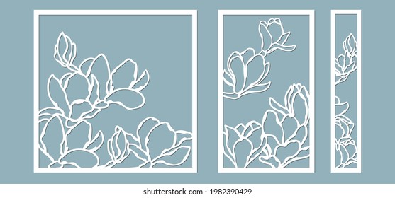 Magnolias flowers pattern. Set, panel for registration of the decorative surfaces. Vector illustration of a laser cutting. Plotter cutting and screen printing