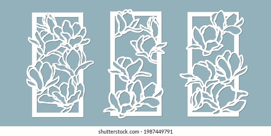 Magnolias flowers pattern. Set, panel for registration of the decorative surfaces. Vector illustration of a laser cutting. Plotter cutting and screen printing