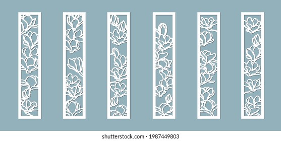 Magnolias flowers pattern. Set, panel for registration of the decorative surfaces. Vector illustration of a laser cutting. Plotter cutting and screen printing