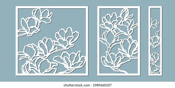 Magnolias flowers pattern. Set, panel for registration of the decorative surfaces. Vector illustration of a laser cutting. Plotter cutting and screen printing