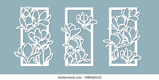 Patrón de flores magnolias. Set, panel para el registro de las superficies decorativas. Ilustración vectorial de un corte láser. Recorte de papel e impresión de pantalla