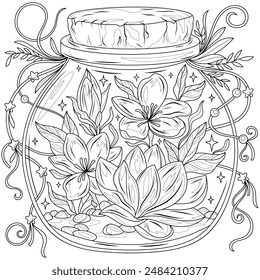 Magnolias in a jar.Coloring book antistress for children and adults. Illustration isolated on white background. Hand draw