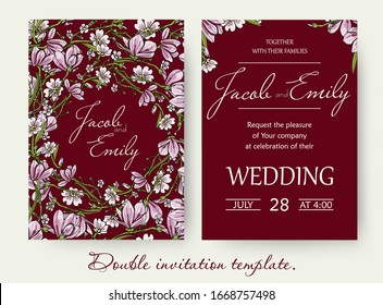 Magnolias on a maroon background. Wedding invitation cards. Decorative pattern of pink flowers . Set of magnolias in a romantic style. All objects are isolated and editable. Wedding printing set