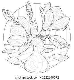 
Magnolias in a vase.Coloring book antistress for children and adults. Zen-tangle style.Black and white drawing