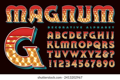 Magnum is a super ornate decorative alphabet, with gold leaf burnished circular effects and red stripes. Traditional sign painter letters for motorsports, barber shop, or tattoo parlor windows.