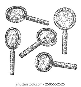 magnyfying glass set hand drawn. optics zoom, clarity focus, enlarge detail magnyfying glass vector sketch. isolated black illustration
